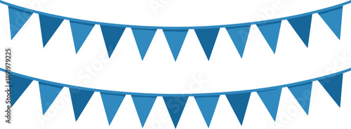 Two Rows of Blue Triangle Bunting Flags Hanging on White Background