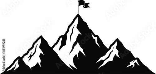 Vector illustration of a majestic mountain peak with a flag, symbolizing achievement, ambition, and reaching life's highest goals
