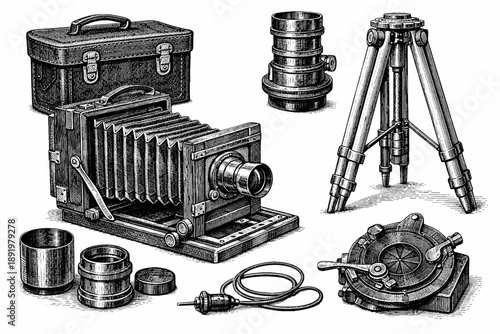 Vintage large format camera with tripod and accessories in illustration