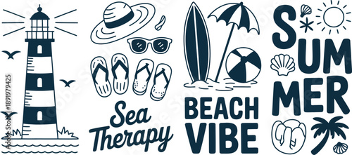 Summer Beach Vibes: Lighthouse, Surfboard, Sunglasses, and More