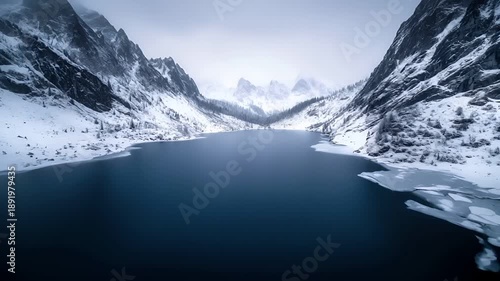 Wallpaper Mural Aerial view of snowcovered mountain landscape with blue lake and forested area. Torontodigital.ca