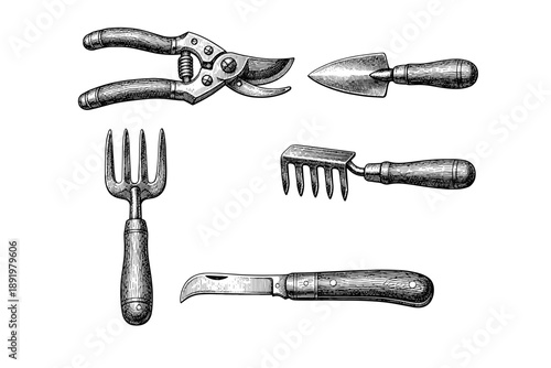 Vintage gardening tools set with pruning shears, trowel, fork, rake, and knife