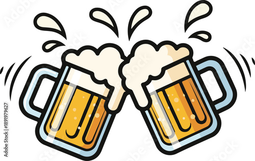 Two Beer Mug Toast Cheers Celebration, Clinking with Splash Effect, Cartoon Illustration Style