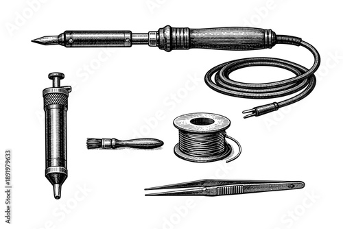 Vintage soldering tools set: soldering iron, desoldering pump, brush, tweezers, wire spool