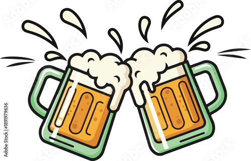 Two Beer Mug Toast Cheers Celebration, Clinking with Splash Effect, Cartoon Illustration Style