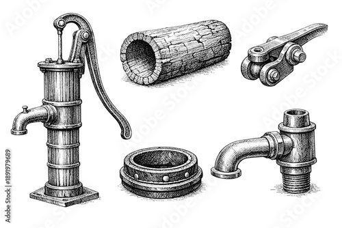 Collection of vintage mechanical components and industrial elements