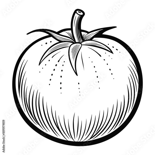 A single, stylized illustration of a ripe tomato with a stem and leaves.