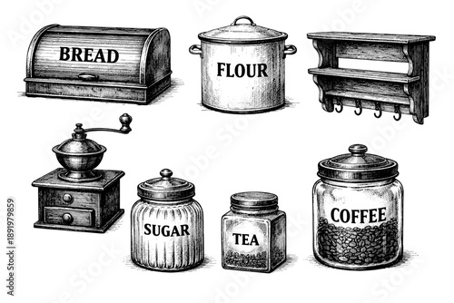 Vintage kitchen essentials sketch with bread box, flour canister, spice rack, coffee jar