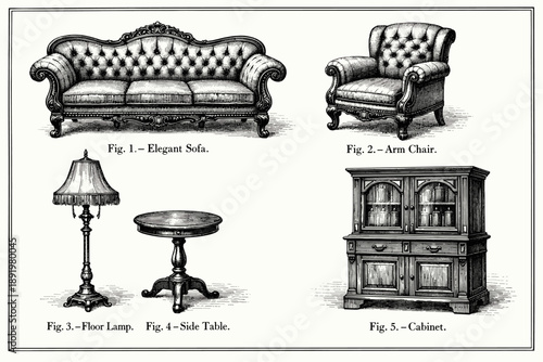 Vintage furniture collection with elegant sofa, armchair, floor lamp, side table, and cabinet