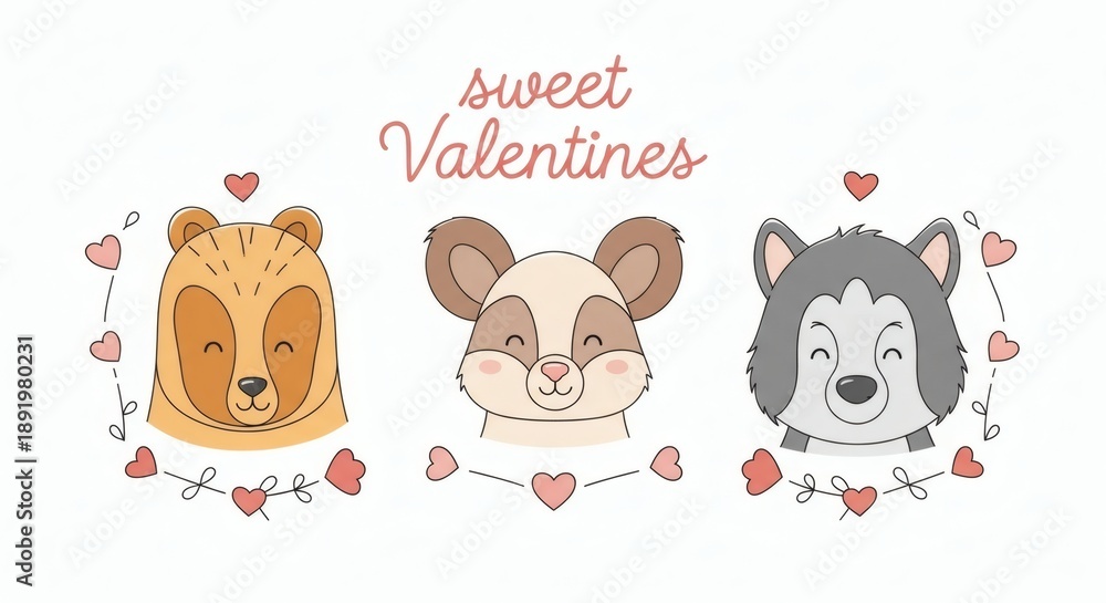 Obraz premium Valentines Animals Clipart featuring Adorable Cartoon Characters with Heartfelt Expressions