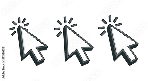 Three Computer Mouse Cursors Clicking Icons.