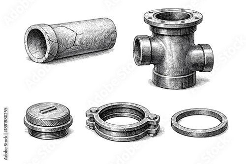 Detailed black and white sketches of industrial pipe fittings