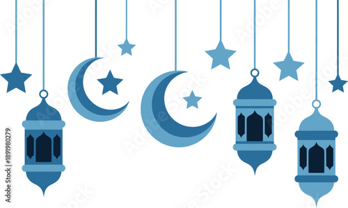 Islamic Crescent Moon, Stars, and Lanterns Hanging Decoration Blue Tones
