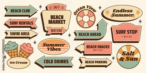 Retro sticker set. Summer beach roadside signs, surf stop, beach market, cold drinks, ice cream, arrows and vacation badges. Isolated Vector illustration in vintage colors mid century 1950s style