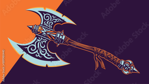 Ornate Fantasy Double Axe Illustration. Detailed Battle Axe with Intricate Blade Patterns on a Split Orange and Violet Background.