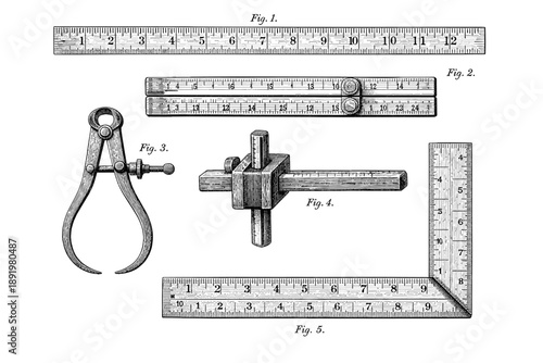 Vintage measuring tools: compass, ruler, and square illustration