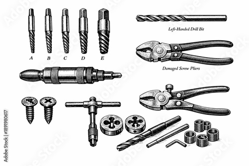 Assorted drill bits and tools with screw pliers and springs
