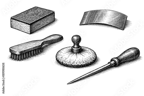 Vintage shoe care tools: brush, cloth, polish, awl, and sandpaper block