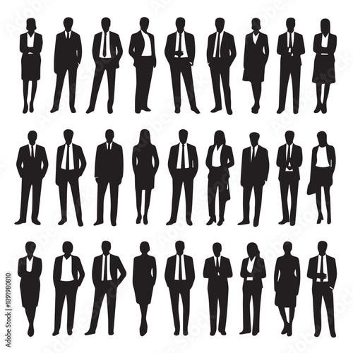 Business people , silhouettes, group of standing business men and businesswomen	
