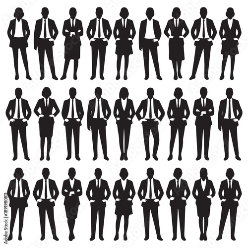 Business people , silhouettes, group of standing business men and businesswomen	
