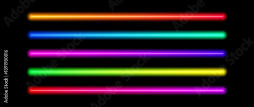 Shining gradient neon tube lamp set. Iridescent led light line beam collection. Bright luminous fluorescent bar sticks. Glowing colorful strip element pack to divide, separate, decorate. Vector