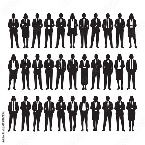 Business people , silhouettes, group of standing business men and businesswomen	
