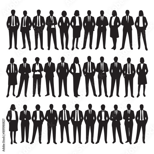 Business people , silhouettes, group of standing business men and businesswomen	
