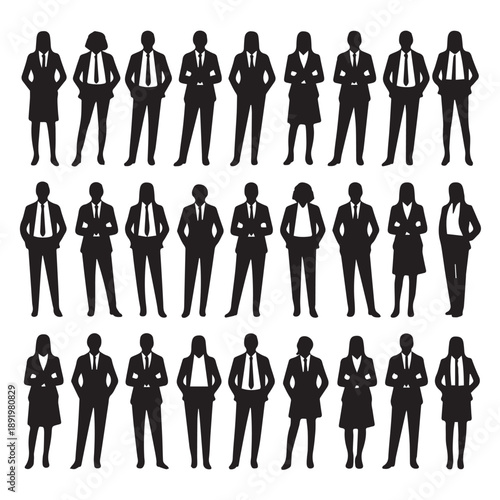 Business people , silhouettes, group of standing business men and businesswomen	
