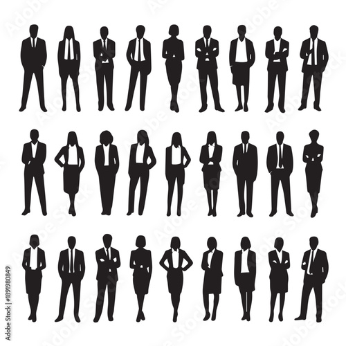 Business people , silhouettes, group of standing business men and businesswomen	
