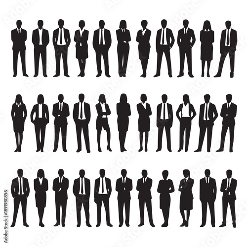 Business people , silhouettes, group of standing business men and businesswomen	
