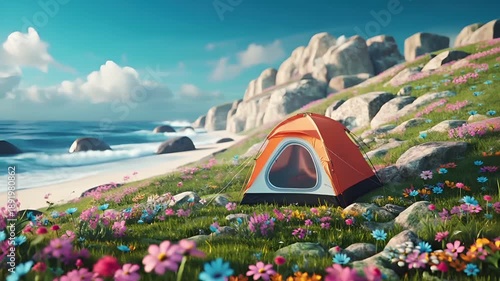Wallpaper Mural Spring booming. Life. New hope. Season. A vivid, highresolution digital artwork depicting a serene coastal scene with a tent pitched up on a rocky shoreline. Torontodigital.ca