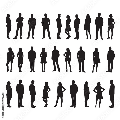 Business people , silhouettes, group of standing business men and businesswomen	
