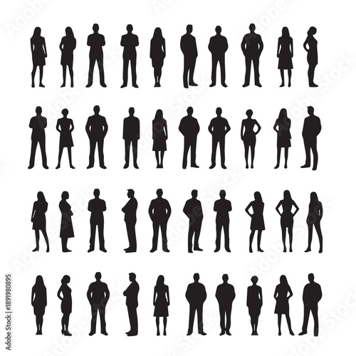Business people , silhouettes, group of standing business men and businesswomen	
