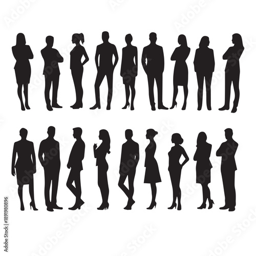 Business people , silhouettes, group of standing business men and businesswomen	
