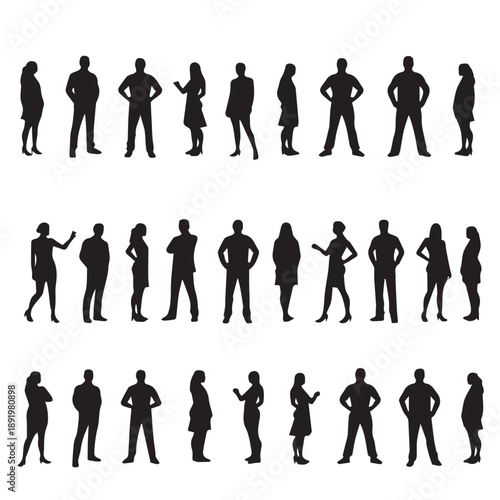 Business people , silhouettes, group of standing business men and businesswomen	
