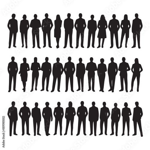 Business people , silhouettes, group of standing business men and businesswomen	
