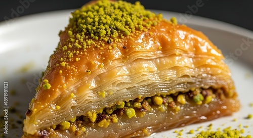 Triangular baklava pastry with pistachios on white plate dessert sweet food