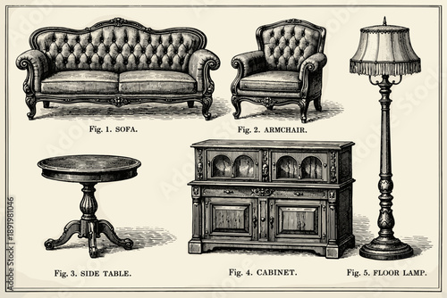 Vintage furniture illustrations: sofa, armchair, side table, cabinet, floor lamp
