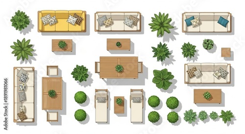 Overhead view collection of patio furniture and potted plants for landscape design isolated on white background