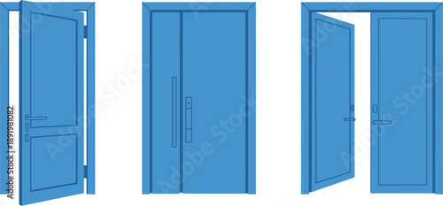 Three Blue Doors: One Open, One Closed, One Double Door Ajar