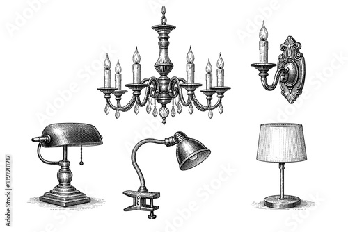Vintage lighting collection: chandeliers, wall sconces, desk lamps, and table lamps