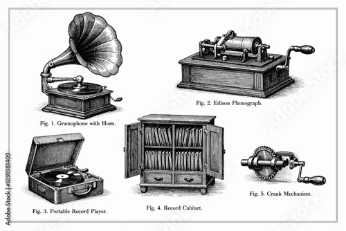 Vintage audio devices and storage - gramophone, phonograph, record player, cabinet, crank