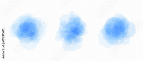 Blue blobs set in watercolor style. Soft blue watercolour texture splash effects. Vector round paint brush shape element collection. Abstract pastel color splatters, spots, stains and drops. Vector
