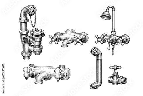 Detailed vintage plumbing fixtures: taps, drains, and showers in black and white engraving style