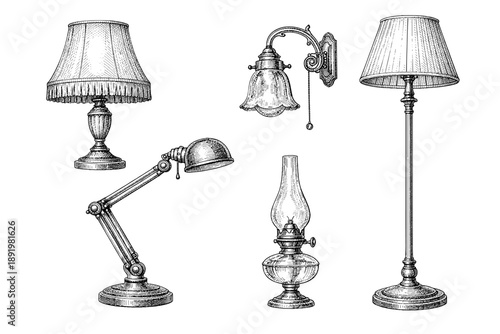 Vintage decorative lamps collection featuring table, wall, desk, and oil lamps