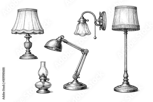Elegant set of vintage lamp illustrations featuring desk and wall designs