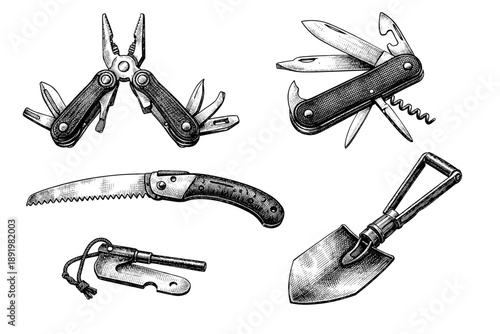 Vintage multitools and camping gear collection in black and white