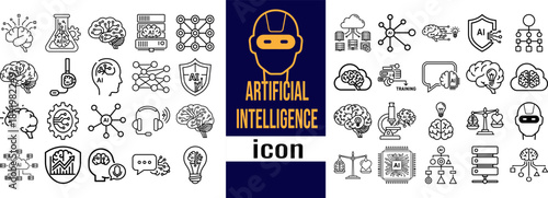 Artificial Intelligence Icons featuring Neural Networks Brain Technology Machine Learning Data Processing and Future AI Concepts in Line Art Style
