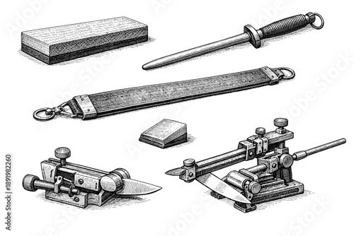 Vintage knife sharpening tools and equipment set in detailed illustration