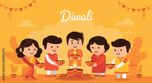 Joyful illustration of diverse characters holding traditional glowing oil lamps, celebrating a heartwarming festival of light, symbolizing unity, prosperity, and cultural spirit